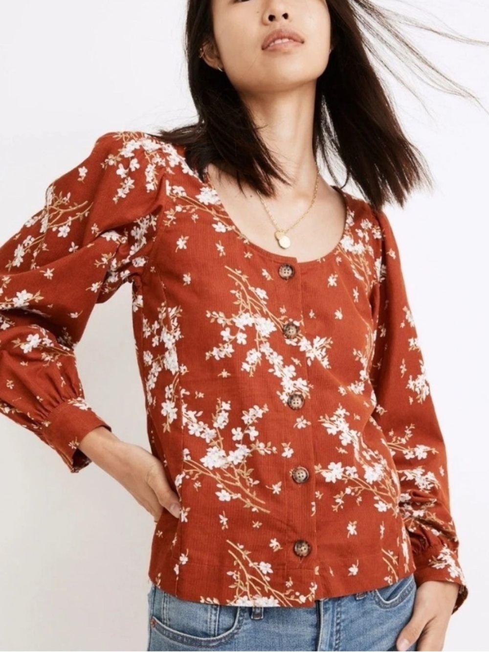 Madewell Corduroy Shirred-Sleeve Button-Front Top in Farmstand Bouquet size M